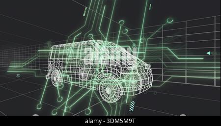Rotating neon-green wireframe van hovering in virtual 3D space, showing circuit traces and nodes Stock Photo