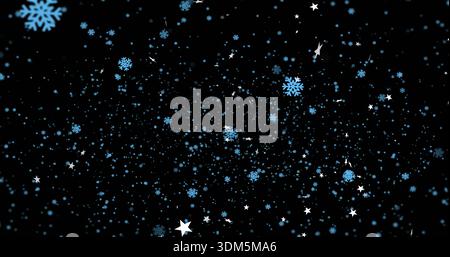 Displaying dense field of blue snowflakes, small blue dots, white stars on black digital wallpaper Stock Photo