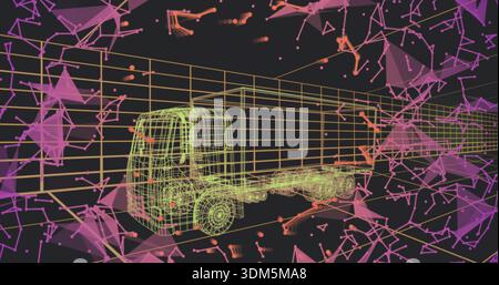 Displaying neon wireframe articulated truck floating in virtual 3D space, with magenta mesh network Stock Photo