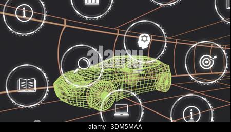 Displaying neon-green wireframe car model rotating in workspace, showing UI icons and orange grid Stock Photo