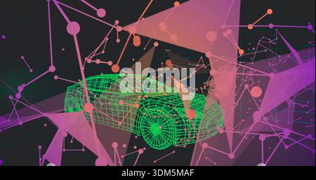 Rotating neon-green 3D wireframe car hovering in virtual 3D space with pink panels node links grid Stock Photo