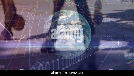 Displaying globe glowing center over sidewalk showing grid overlay binary digits numbers and graphs Stock Photo
