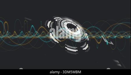 Displaying concentric ring HUD rotating in virtual dark space, with teal gold cyan waveforms Stock Photo