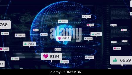 Displaying blue-mesh globe dominating center of dark cyber UI, showing orbital rings and badges Stock Photo