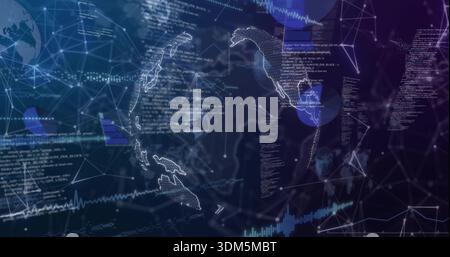 Displaying stylized dotted globe and map contours floating in virtual data space, showing code Stock Photo