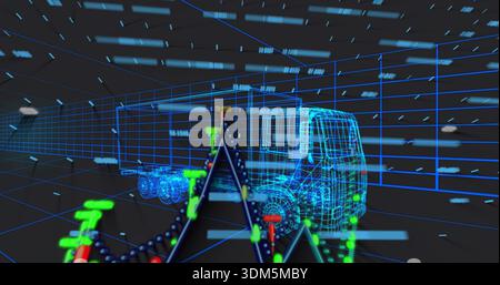 Rendering neon-blue wireframe truck with trailer in dark digital grid, showing spike graph nodes Stock Photo