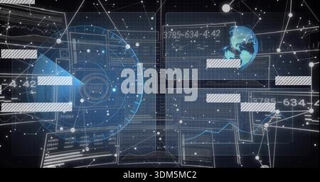 Displaying composite HUD interface over gridded plane, showing radar, globe, panels, network Stock Photo