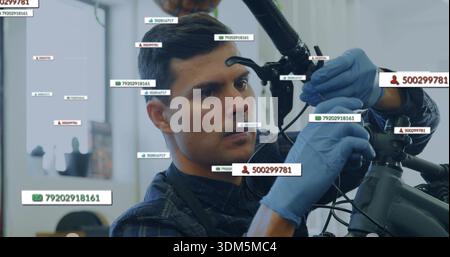 Repairing mechanic adjusting bike front brake in shop, in dark apron, blue gloves with ID labels Stock Photo