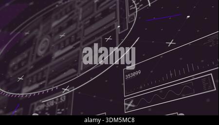 Displaying circular arc gauge and panels on dark dashboard, showing 353099 readout and waveform Stock Photo