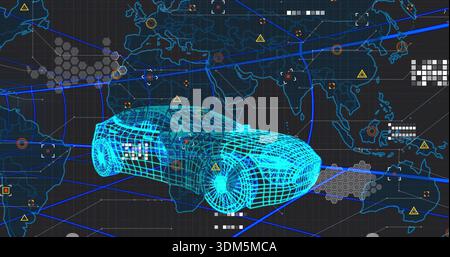 Displaying cyan 3D wireframe car model rotating in control hub, with world map, network nodes Stock Photo
