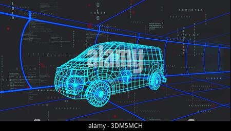 Displaying cyan wireframe cargo van model rotating on virtual grid floor, with binary code overlays Stock Photo