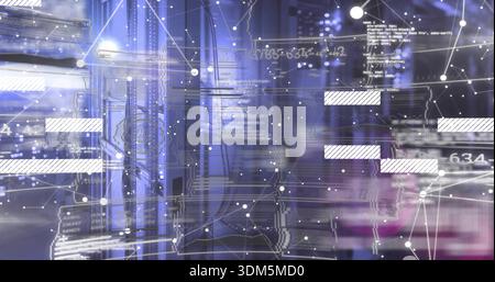 Showing server racks and patch cables glowing in data center, with network overlays and LEDs Stock Photo