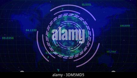 Displaying central hologram globe rotating over world map, showing concentric rings and neon labels Stock Photo