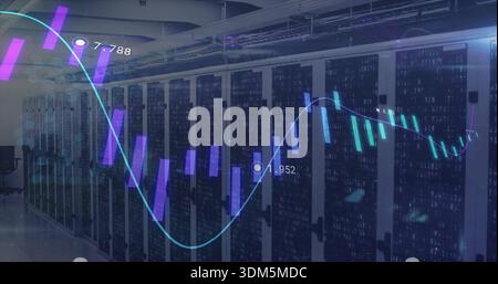 Displaying rack-mounted server cabinets with panel LEDs and holographic graph in data center aisle Stock Photo