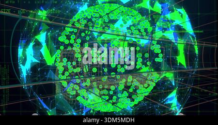 Rotating wireframe globe projecting neon green nodes, blue lines, red grids, code on dark dashboard Stock Photo