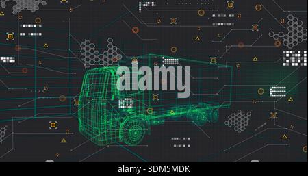 Rotating neon-green wireframe box truck hovering in 3D sim with dark grid plane, cyan orange lines Stock Photo