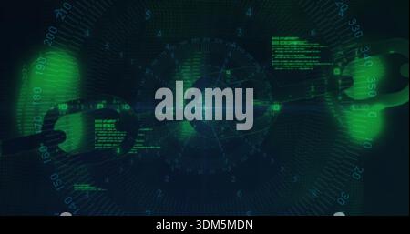 Glowing stylized chain sitting in abstract digital environment, highlighting mid link and HUD nodes Stock Photo
