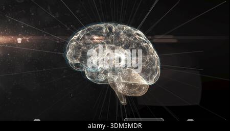 Floating translucent brain hologram emitting glowing filaments in dark space, with UI overlay Stock Photo