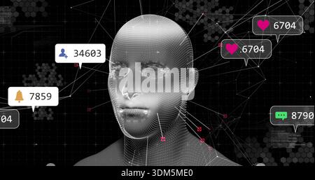 Displaying 3D dotted wireframe head showing red data tags and notification icons in digital network Stock Photo