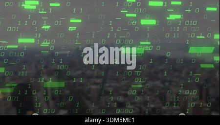 Streaming neon-green binary 0 and 1 digits and data bars across hazy skyline, creating overlay Stock Photo