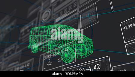 Rendering neon-green wireframe cargo van model rotating in virtual 3D UI, showing data panels Stock Photo