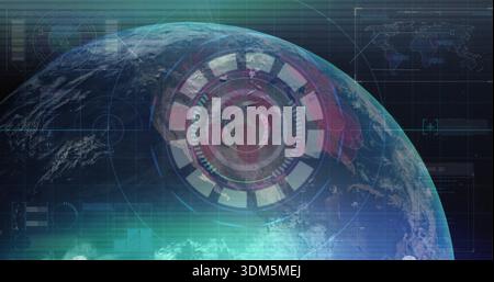 Rotating planet Earth displaying concentric HUD reticle, grid lines, data panels, world-map inset Stock Photo