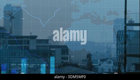 Displaying blue data overlay covering city skyline with midrise buildings, bar charts, antennas Stock Photo