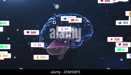 Pulsing clear 3D brain model interacting with floating notification bubbles in dark neural network Stock Photo