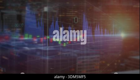 Displaying market overlay with blue wave peaks and green and red candlesticks over blurred skyline Stock Photo