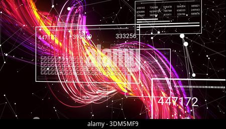 Displaying central colorful data ribbon twisting across black backdrop, with HUD panels readouts Stock Photo