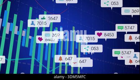 Displaying digital analytics dashboard showing green blue vertical bars on dark grid with callouts Stock Photo