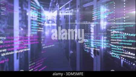 Displaying glass-fronted server cabinets with blinking LEDs in data center aisle, with code overlay Stock Photo