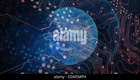 Displaying stylized Earth-like globe glowing with circuitry in cyber environment, with data nodes Stock Photo