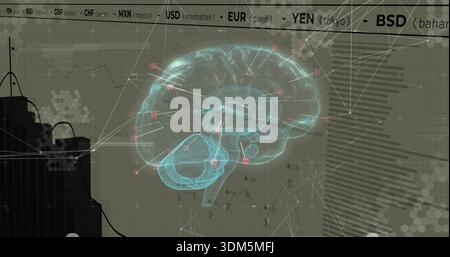 Floating holographic 3D brain model marking red regions in data dashboard, with currency ticker Stock Photo