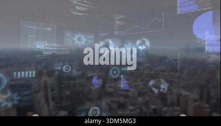 Floating holographic UI panels overlaying high-rise glass vista, showing globes, gauges and charts Stock Photo