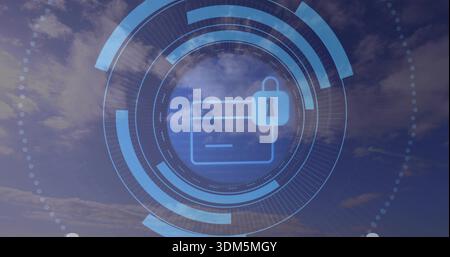 Showing central translucent blue HUD over open sky, displaying payment card icon with padlock Stock Photo