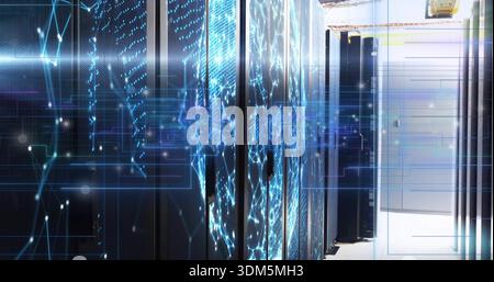 Displaying row of rack-mounted servers showing glowing blue LED network overlay in datacenter aisle Stock Photo