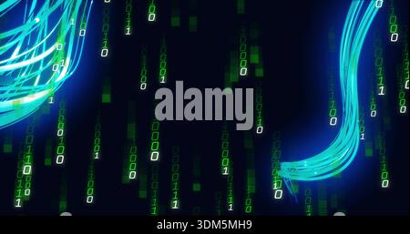 Glowing cyan ribbon stream curving inward in cyberspace, with green binary digits, copy space Stock Photo