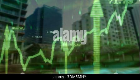 Displaying green market chart overlay covering city plaza on glass, showing jagged line and arrow Stock Photo