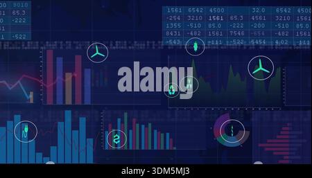 Displaying dark-blue analytics on screen showing bars, lines, donut chart, data grid, icon overlays Stock Photo