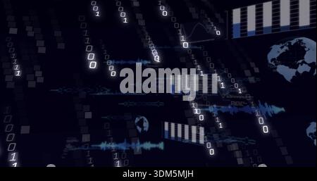 Streaming abstract data stream centered in virtual control UI, with binary digits and waveforms Stock Photo