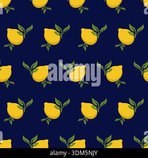 Seamless pattern with lemons on the blue background. Bright summer design Stock Vector