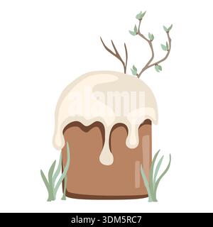 An illustration of a Easter cake with branches and leaves, covered in creamy white icing Stock Vector