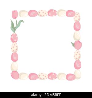 A square frame with pink Easter eggs and tulips. Vector illustration of Easter eggs with a geometric and floral pattern. Perfect for an Easter theme. Stock Vector