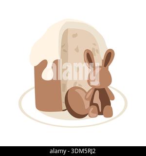 Illustration of chocolate egg and bunny sitting in front of a delicious Easter cake Stock Vector