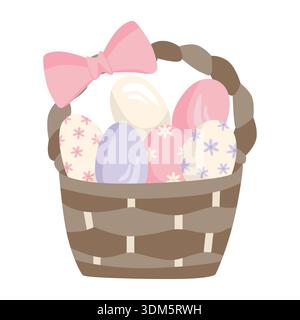 Illustration of wicker basket filled with decorated Easter eggs and adorned with a large pink bow on white background. Detailed illustration with fine Stock Vector