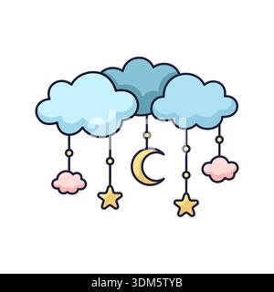 Mobile hung above the baby bed with clouds, stars, beads icon. Outline illustration for kids textile design, baby shower, gender party, birthday. Cartoon style. Vector illustration Stock Vector