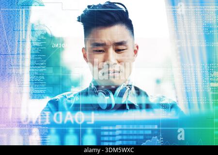 Home, coding and man with computer engineering, hologram and info for web development. Programmer, coder or Asian person with pc, cyber security Stock Photo