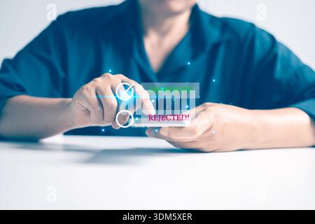 Business reviewed document, weighing choice to approve or reject it, marking a tick for quality approval as part of their concept. business, check, do Stock Photo