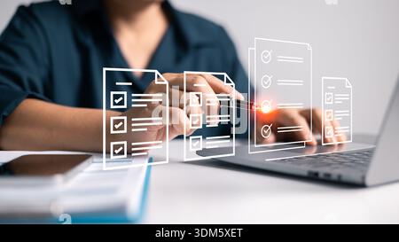 Document management in business involves securing information and files in cyberspace using advanced office technology. document, management, involves Stock Photo